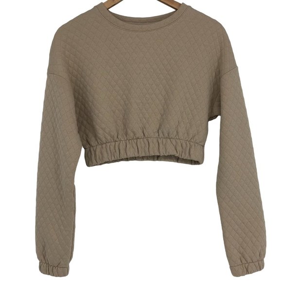 Twik by Simons Diamond Quilted tan Pullover Cropped Sweatshirt NWT SP - Picture 2 of 15